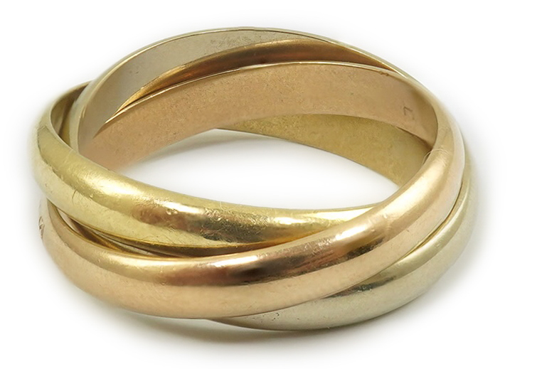 A modern Must De Cartier three colour 18k gold triple band 'Russian' wedding ring